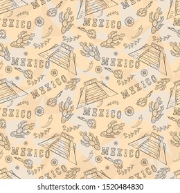 contour illustration seamless Mexican theme for decoration pyramid, cacti lettering country name vector EPS 10
