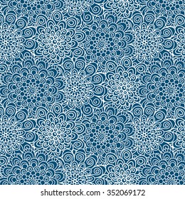 Contour illustration seamless pattern, flowers, design element, doodle style, fantasy style, white, blue, lace.