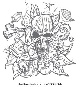 Contour illustration with a skull, money and leaves. A sketch of a tattoo.