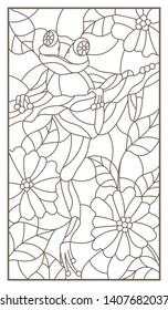 Contour illustration of a stained glass window with  frog on plant branches background with  flowers and leaves,  dark outlines on white background