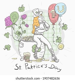 Contour illustration sticker banner in the style of childrens doodle for decorating designs on the theme of St. Patricks Day, A girl in a leprechaun costume sits on a pot of gold
