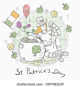 Contour illustration sticker banner in the style of childrens doodle for decorating designs on the theme of St. Patricks Day, A girl in a leprechaun costume holds a mug of ale pot of gold