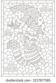 Contour illustration in the style of stained glass with a cute cat with an umbrella, dark contours on a white background