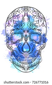 Contour  illustration of a sugar skull with watercolor splashes. The holiday of the Day of the DeadVector element for your creativity