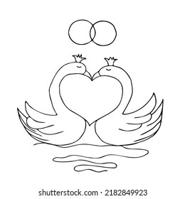 Contour illustration, swans and wedding rings, vector illustration. Outline doodle of consequences. Black and white outline. Handmade, coloring, poster, postcard, layout.