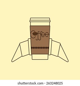 Contour illustration of take away cup of coffee with cardboard holder decorated with lettering coffee and coffee beans and croissant behind it isolated on yellow background