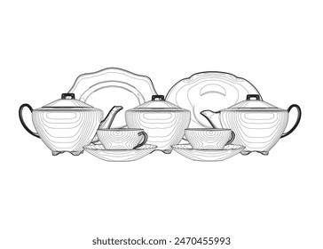 Contour illustration tea set. Teapot, milk jug, sugar bowl and cups and saucers. Black outline. Coloring page.