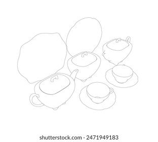 Contour illustration tea set. Teapot, milk jug, sugar bowl and cups and saucers. Black outline. Coloring page.