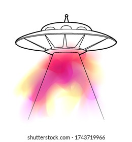 Contour illustration of a UFO with a stealing beam and colorful painted stained. Flying saucer. Unknown flying object. Vector outline object for logos, cards, banners and your creativity.