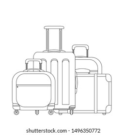 Contour illustration of various suitcases. Family travel. Linear drawing of luggage and scrub. Vector black and white element for logos, articles, icons and your design.