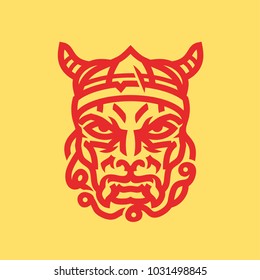 Contour illustration of viking, warrior, beard man. Portrait, face, logo, sign. Vector, isolated.