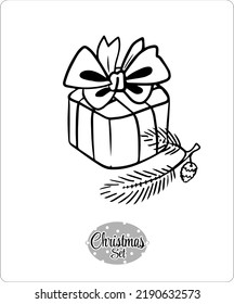 Contour illustrations, art on a transparent background from the "Christmas Set". Symbols of Christmas. Snowman, deer, cookies, Christmas tree, Santa Claus and accessories.