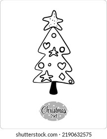 Contour illustrations, art on a transparent background from the "Christmas Set". Symbols of Christmas. Snowman, deer, cookies, Christmas tree, Santa Claus and accessories.