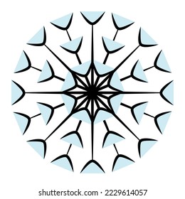The contour image of an abstract openwork snowflake with spots in trendy blue hues. Isolate