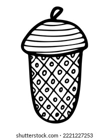 Contour image of an acorn with a decor in the form of lines and a grid. Vector isolated doodle-style drawing for stickers, decor, postcards, coloring books. Clipart drawn by hand