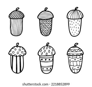 Contour image of an acorn. Vector isolated doodle-style drawing for stickers, decor, postcards, badges, coloring books, logos. A set of cliparts drawn by hand