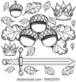 Contour image of acorns, sword and crown. Black and white vector illustration isolated on white background.