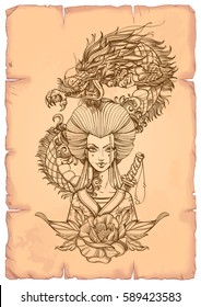 Contour image of asian woman in a kimono and dragon. Beautiful template for posters or leaflets with a girl samurai on the background of old parchment.