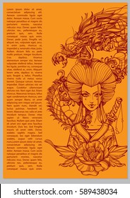Contour image of asian woman in a kimono and dragon. Beautiful template for posters or leaflets with a girl samurai on an orange background.