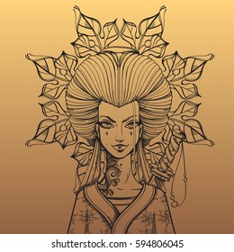 Contour image of asian woman in a kimono. Girl samurai on a gold background.