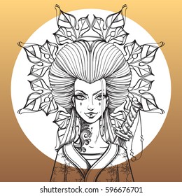 Contour image of asian woman in a kimono. Girl samurai on a gold background.