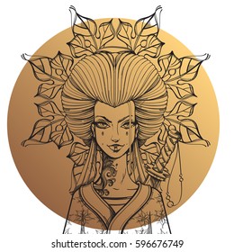 Contour image of asian woman in a kimono. Girl samurai on a gold background.