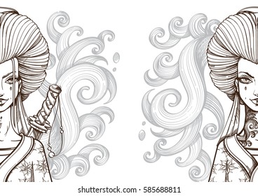 Contour image of asian woman with magnificent hair in a kimono. Beautiful template for posters or leaflets with a girl samurai.
