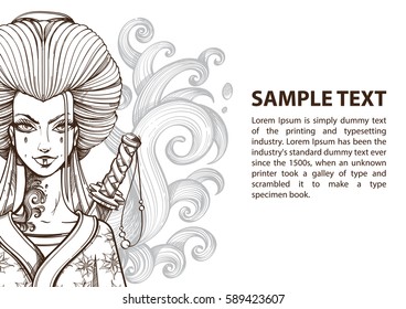 Contour image of asian woman with magnificent hair in a kimono. Beautiful template for posters or leaflets with a girl samurai.