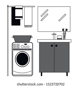 Contour image of the bathroom: sink, mirror, towels, washing machine.
