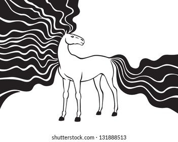Contour image of beautiful horse with long fluttering mane and tail