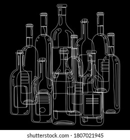 Imagen de contorno de botellas con diversas bebidas alcohólicas. Fondo negro y contorno blanco del dibujo.