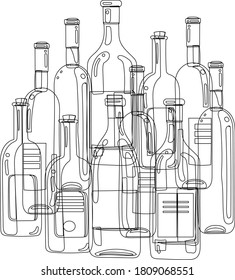 Imagen de contorno de botellas con diversas bebidas alcohólicas. Fondo blanco y contorno negro del dibujo.