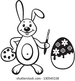 Contour image of cartoon rabbit with palette and brush paints Easter egg