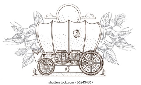 Contour image of covered wagon and roses. Outline vector illustration for posters, coloring pages and other items.