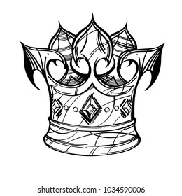 Contour image of crown. Vector illustration isolated on white background for tattoos, printing on T-shirts and other items.