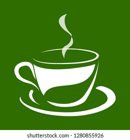Contour image of a cup with hot tea or coffee. Vector illustration isolated on green background.