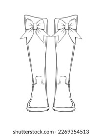 Contour image of cute boots with a bow. Rubber boots for autumn walks. Vector illustration