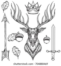 Contour image of deer, crown, acorns, arrow and sword. Vector illustration isolated on white background for creating sketches of tattoos, printing on T-shirts and other items.