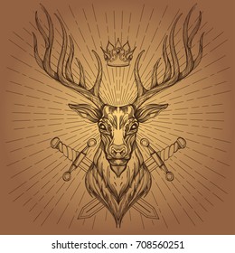 Contour image of deer, crown and swords. Vector illustration for creating sketches of tattoos, printing on T-shirts and other items.