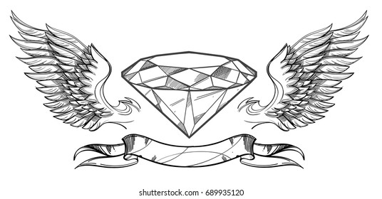 Contour image of diamond, wings and ribbon. Vector illustration for tattoos, printing on T-shirts and other items.