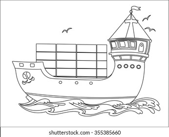 Contour image of a floating sea cargo ship for coloring books vector design