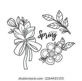 Contour image of  flowers and bow. Elements for coloring and design. Plant elements. Bouquet of flowers. Twig with leaves and flowers. Page for coloring book, greeting card, print and poster.