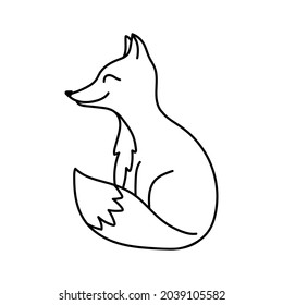 Contour image of a fox. Black silhouette of an animal. Doodle icon of a sitting fox. Simple black hand drawing for decoration. Vector clipart