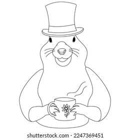 Contour image of the groundhog in a hat with a steaming cup in his paws with a floral image. Icon