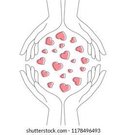 A contour image of the hands surrounds an armful of hearts. Charity. Romantic. A vector illustration that symbolizes kindness, positive and love.