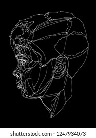 Contour image of the head of a teenager. Portrait drawn by white lines on a black background. An anotomical image of the human head.