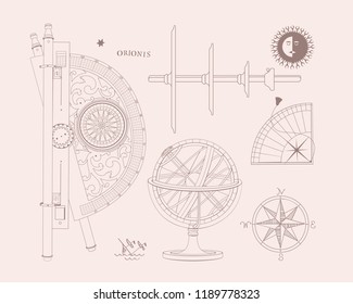 Contour image. Historical measuring and navigation devices. Vintage.
