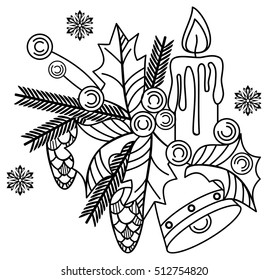 Contour image of a holly berry, lighting candle and pine cones. Christmas illustration. Vector clip art.