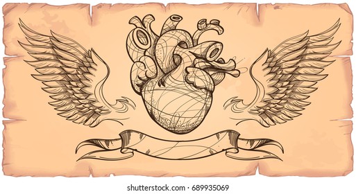 Contour image of human heart, wings and ribbon. Vector illustration on the background of old paper.