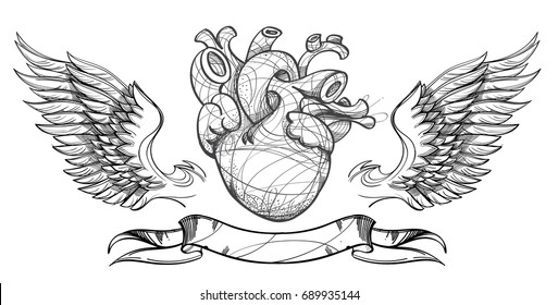 Contour image human heart  wings   ribbon  Vector illustration for tattoos  printing T  shirts   other items 